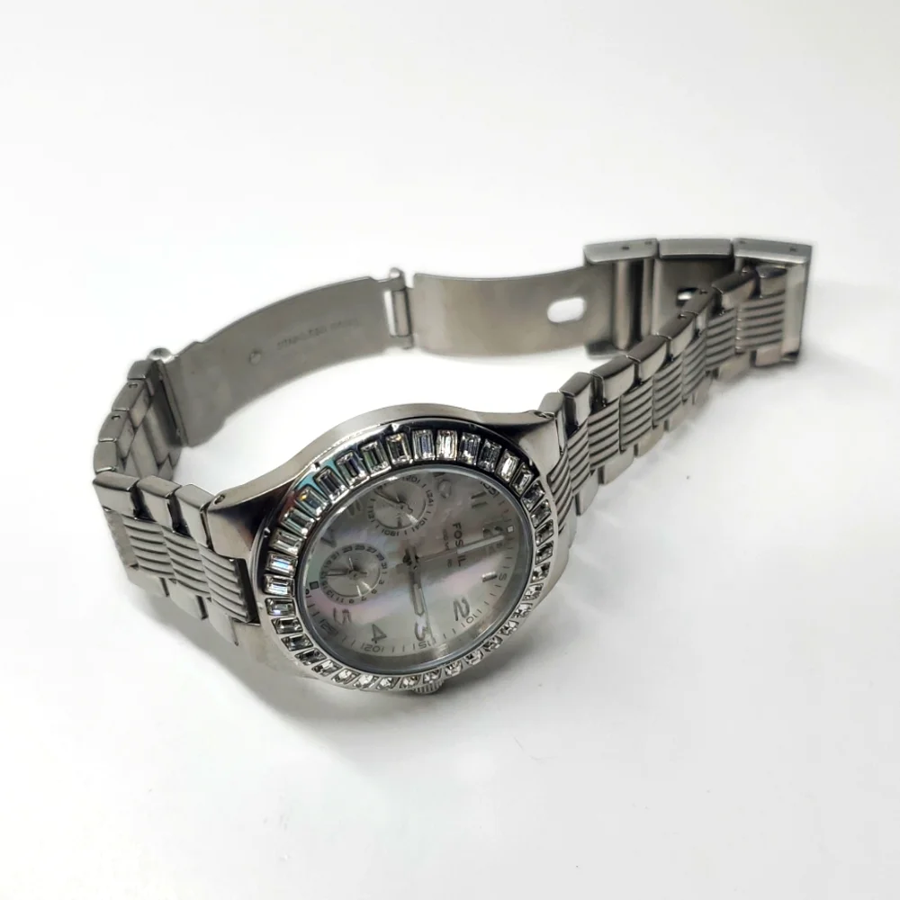 Fossil Watch BQ9360 Silver Steel Wristband Mother of Pearl Face Dual Subdial